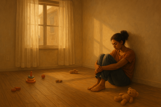A young single mom sitting on the floor of an empty apartment, surrounded by children’s toys, in soft sunlight.